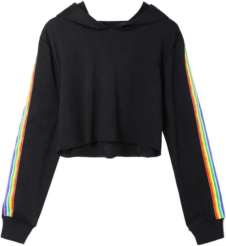 Dainzuy Ladies Sexy Casual Tops,Women's Long Sleeve Hoodie Pullover Striped Crop Top Sweatshirt