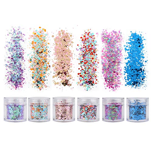 18 Boxes Holographic Cosmetic Festival Chunky Glitters Sequins, Nail Sequins Iridescent Flakes, Cosmetic Paillette Ultra-thin Tips, for Body Face Hair Make Up Nail Art Mixed Color Glitter