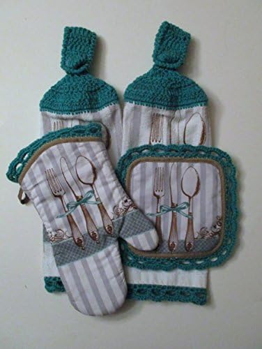 Silverware Crochet Top Hanging Kitchen Towels, Pot Holder &amp; Oven Mitt Set, (Four Pieces)
