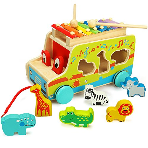Lewo Wooden Toddlers Push Pull Along Toys with Xylophone Multifunctional Bus Early Educational Games for Kids