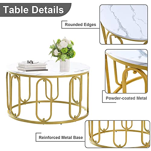 TOLLIEUR Modern Round Coffee Table with Faux Marble and Gold Legs