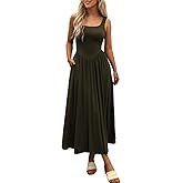 Mieazom Women's Summer Maxi Dress 2026 - Sleeveless Square Neck Casual Beach Sundress with Pockets, Flowy Patchwork Knit