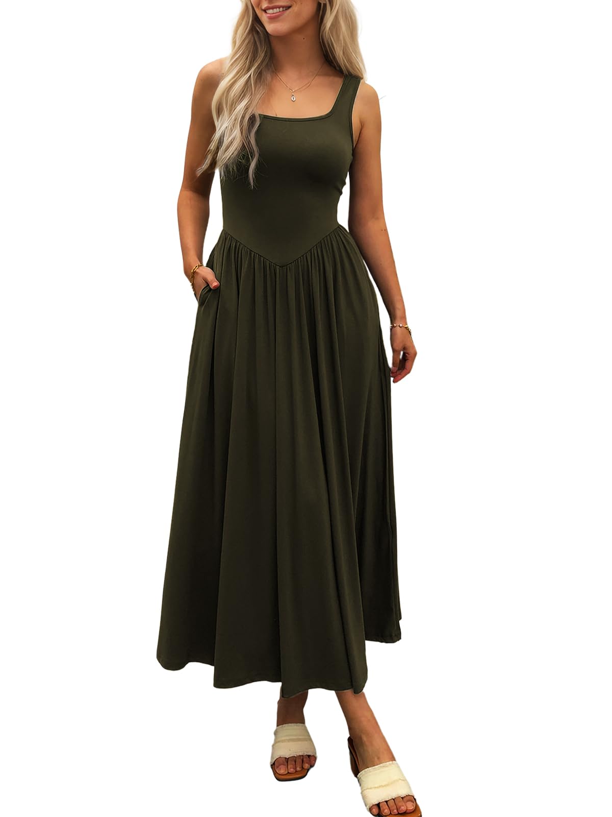 Photo 1 of Mieazom Women's Summer Maxi Dress 2025 - Sleeveless Square Neck Casual Beach Sundress with Pockets, Flowy Patchwork Knit Army Green M