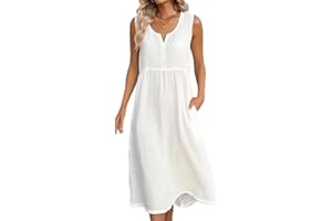 Frostluinai Womens Cotton Linen Midi Dresses Sleeveless Crewneck Empire Waist Loose Comfy Beach Casual Sundress