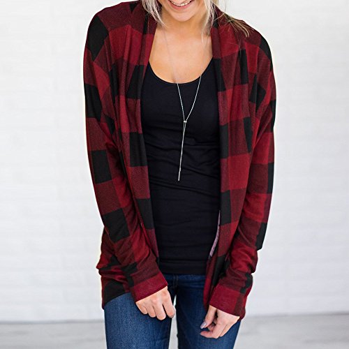 WUAI Womens Palid Shirts Long Sleeve Lattice Print Ladies Casual Cardigan Fashion Outweat(Red ,Size M) - Thumbnail 2