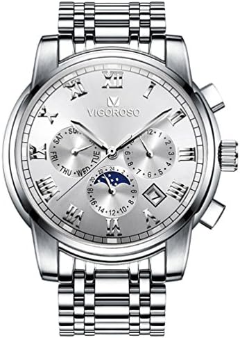 Men's Wrist Watch, Waterproof Luxury Stainless Steel Watches for Business Man Quartz Movement Analog Display with 3 Sub-dials Date Day Week 24-Hour (Sun to Moon)