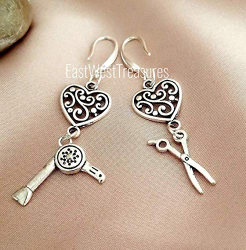 Filigree Heart Blowdryer Scissors earrings for women-Hair stylist Hairdresser jewelry gift-925 silver wires