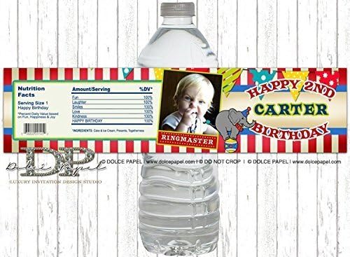 10 Custom Photo Vintage Circus Ringmaster Elephant Birthday Party Water Bottle Labels - Peel-n-Stick