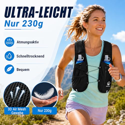 ONETOALL Running Vest for Men and Women with Two 500 ml Water Bottles, Adjustable Running Vest with Running Light for Better Visibility, Breathable Running Backpack, Hydration Backpack for Running