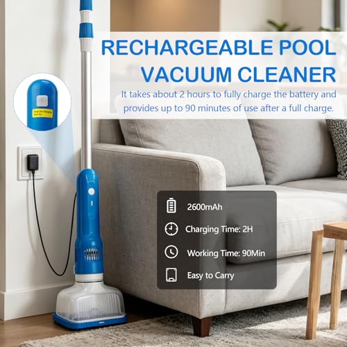 Pool Vacuum Cleaner with Battery, 3 in 1 Portable Pool Vacuum with Telescopic Handle, Wireless Pool Vacuum for Small Pools, Spas, Hot Tubs