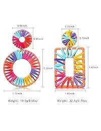 2 Pairs Colorful Statement Earrings Handmade Rainbow Rattan Earrings Bohemian Lightweight Drop Dangle Summer Earrings for Women Girls