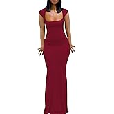 Womens Summer Cap Sleeve Square Neck Elegant Casual Lounge Bodycon Slim Maxi Evening Party Long Dress