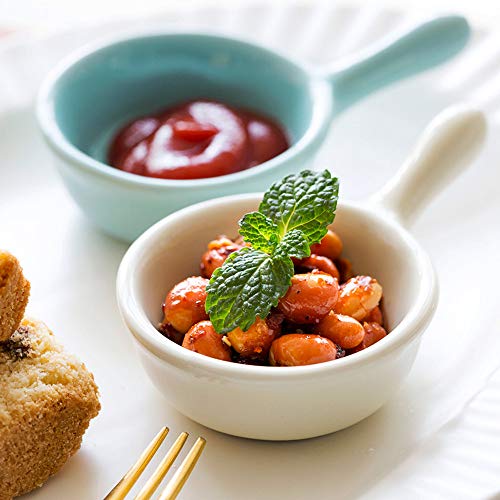 MonLiya 6 Pcs Ceramic Sauce Dishes Colorful Mini Bowl Set Ketchup Side Dish Tableware Condiment Relish Plate Seasoning Soy Sauce Dishes Stackable Ramekins with Grip Handle Dessert Bowls Set