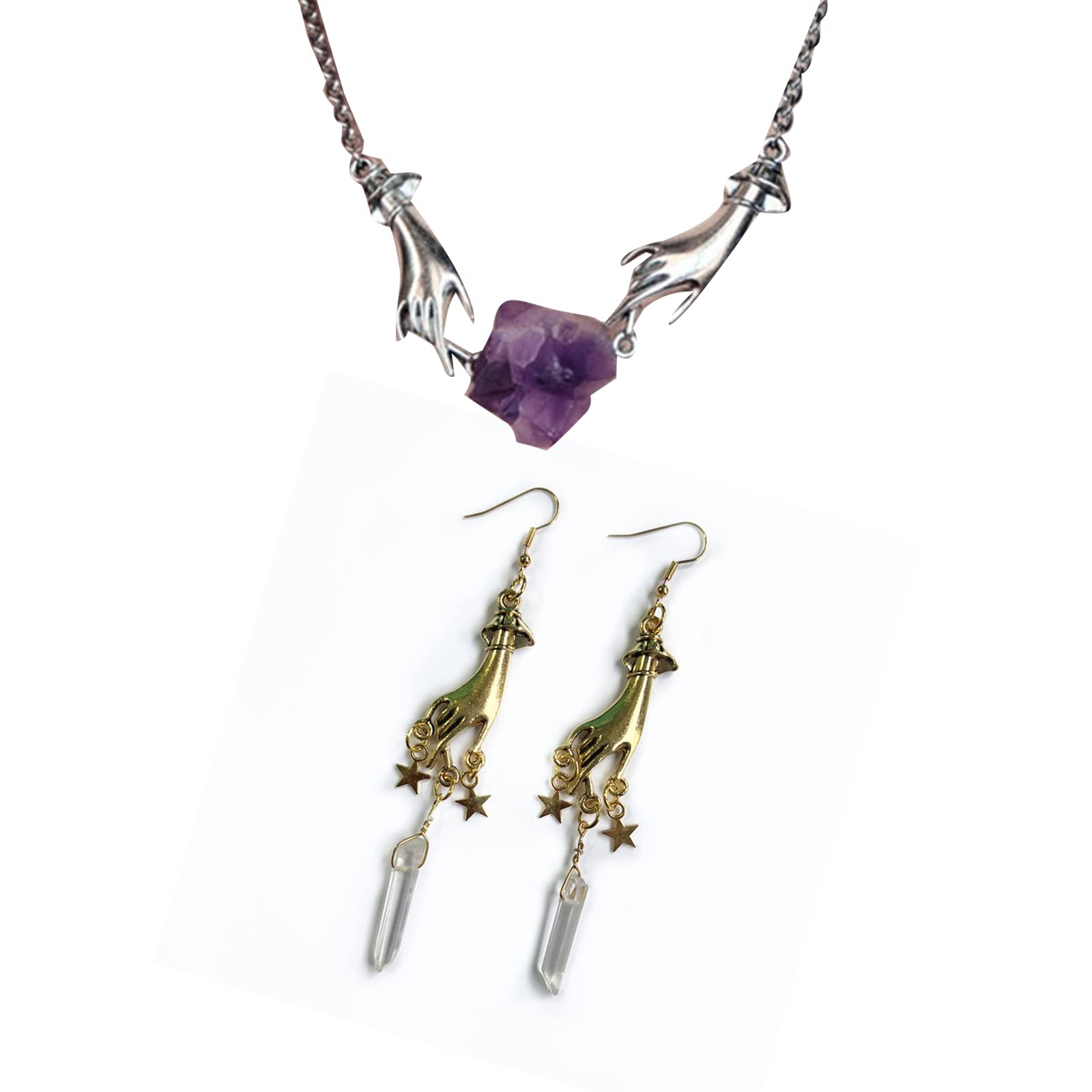 Soulnioi 1 Pair White Crystal Metal Victorian Hand Star Earrings and 1PC Victorian Hand Irregular Amethyst Necklace for Reiki Spiritual Crystal Healing Gift