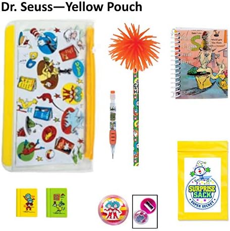 Kids Designer Pencil Pouch Case with Coordinating Accessories & 1 Secret Surprise Sack (TM) - Unique Back to School Stationary Supplies, Stocking Stuffers, and Easter Basket Fillers (Dr. Seuss-Yellow)