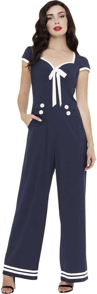 Voodoo Vixen Women's Jolene Nautical Stripped Wide Leg Jumpsuit Navy