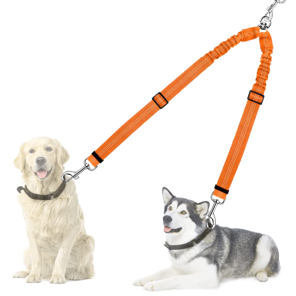Nasjac Dog Lead Splitter, No Tangle Dog Leash Splitter 360ｰSwivel Rotation Reflective Adjustable Length Two Dog Coupler, Comfortable Shock Absorbing Bungee for Dogs Walking Training (Orange)