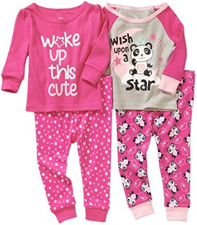 Sleepwear Newborn Baby Girl Cotton Tight Fit Pajamas 4pc Set (6-9 Months, Bubblegum Pink/Soft Silver)
