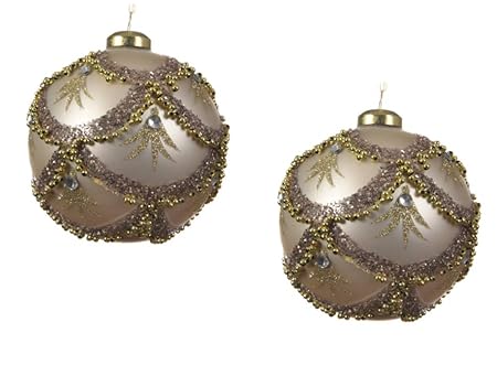 Boxed Set Of 2 Round Hand Blown Glass Christmas Tree Baubles