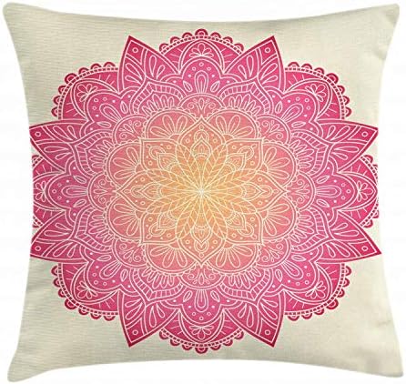 WCMBY Pink Mandala Throw Pillow Cushion Cover, Vibrant Universe Symbolism Tribal Spiritual Awakening Healing Icon, Decorative Square Accent Pillow Case, 18 X 18 Inches, Hot Pink Coral Cream