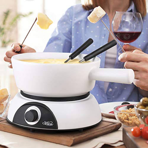 Artestia Electric Ceramic Fondue Set with 6 Fondue Forks (Pearl Color Base/White Ceramic Pot