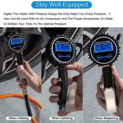 JYSW Digital Tire Inflator with Pressure Gauge, 200PSI Heavy Duty Air Chuck and Compressor Accessories with Rubber Hose and Quick Connect Plug for Auto, Truck, Bike, Motorcycle, Backlit 0.1 Accuracy