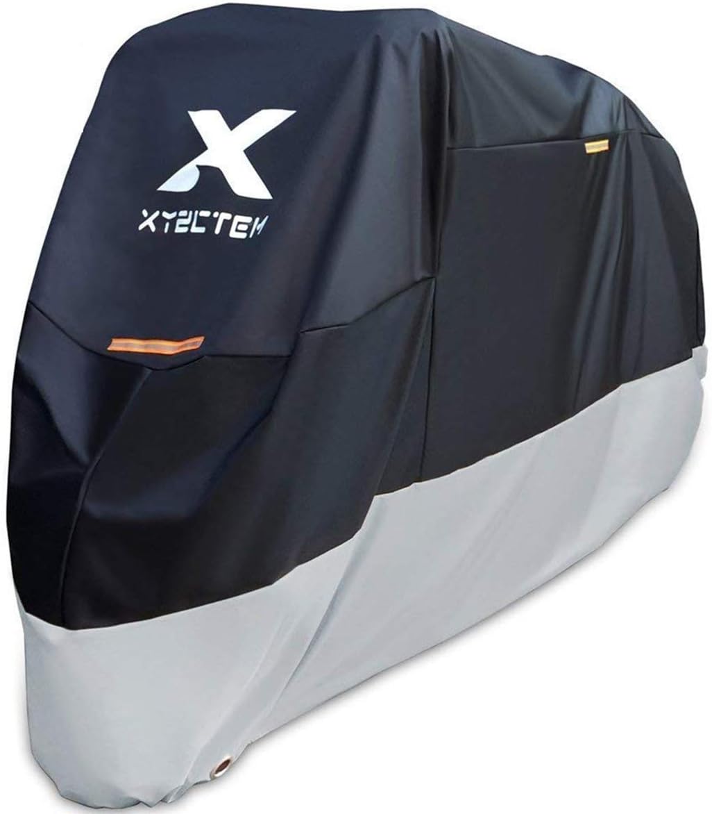 XYZCTEM Motorcycle Cover-All Season Waterproof Outdoor Protection – Fit up to 116 inch Tour Bikes, Choppers and Cruisers(XXXL,Black& Sliver)
