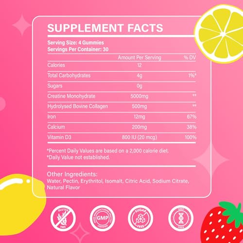 Creatine for Women, Creatine Monohydrate Gummies with Collagen, Vitamin D3 & Calcium for Muscles, Booty & Energy, Flavored Sugar Free Creatine Gummies Post & Pre Workout Supplements for Women, 120 Ct
