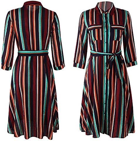 myodress Women's Boho Half Sleeve Rainbow Striped Front Pocket Button Down Single Breasted Long Maxi Dress