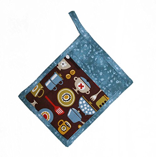 1 Pocket Pot Holder With Hanging Loop - Vintage Tableware & Tools On Brown With Blue Accent Fabric