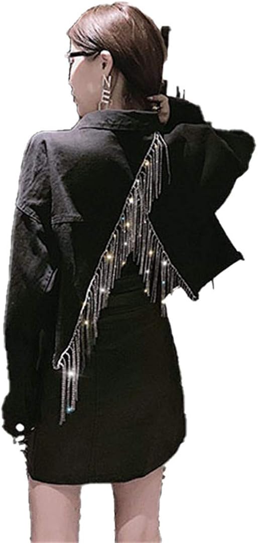 Spring Fall Denim Jacket Women's Heavy Tassel Diamond Back Slit Openwork Short Coat Blue Jacket 