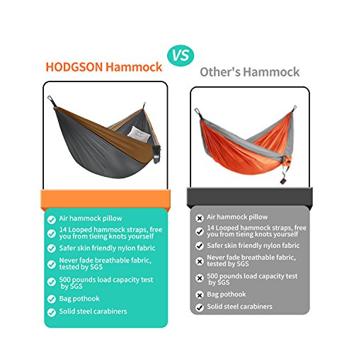 HODGSON Camping Hammock Single & Double Hammock with Heavy Duty 14 Loops Hammock Tree Straps & Air Pillow, Portable Parachute Nylon Hammock for Backpacking, Travel, 118” x 78” (Khaki)