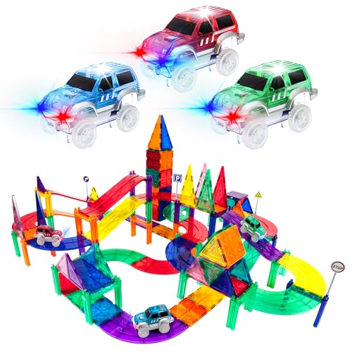 PicassoTiles 128-teiliges Magnetfliesen-Set, Rennbahn mit LED-Autos ab 3+