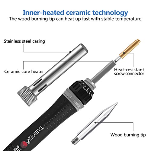 Tabiger Wood Burning Tool Kit, 60W Pyrography Pen/Wood Burning Pen with Adjustable Temp 200~450℃ and ON/OFF Switch, including 5 Carving/Embossing/Soldering Tips and Stand for Creative Wood Burner