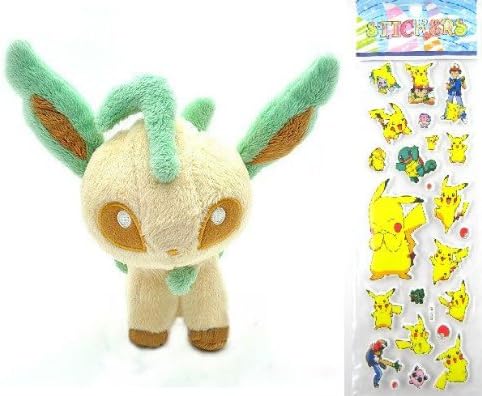 Toy Pokemon Plush Leafeon Doll Around 12cm 5" + Pokemon Sticker (Children One Size, Muticolour)