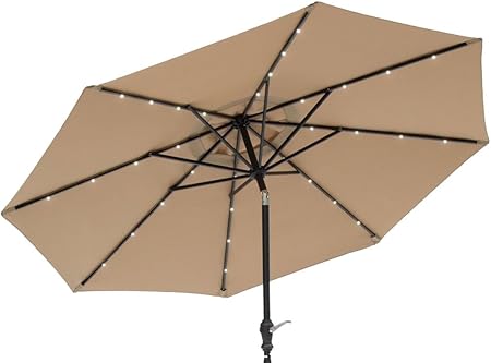 Amazon Com Sun Ray 811026 9 Round 8 Rib Solar Patio Umbrella 32 Led Lights Crank And Tilt Aluminum Frame Taupe Beige Garden Outdoor