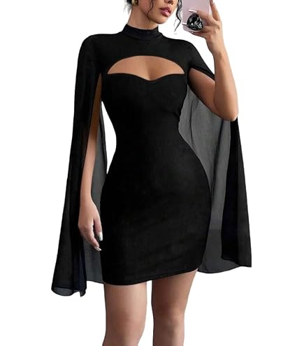 Women's Sexy Glitter Mini Dress Mock Neck Cloak Sleeve Cocktail Dresses