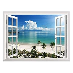 White Beach with Blue Sea and Palm Tree Open Window Mural Wall Sticker - 24"x32"