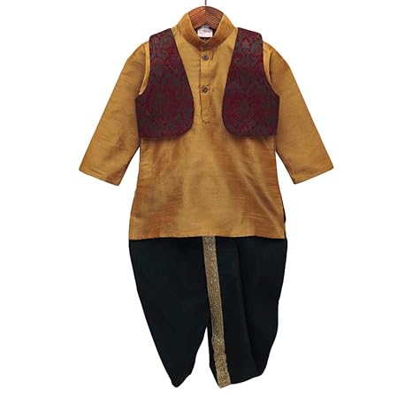 Ridokidz By Hopscotch Boys Cotton Full Sleeves Dhoti Kurta With Half Jacket In Gold Color