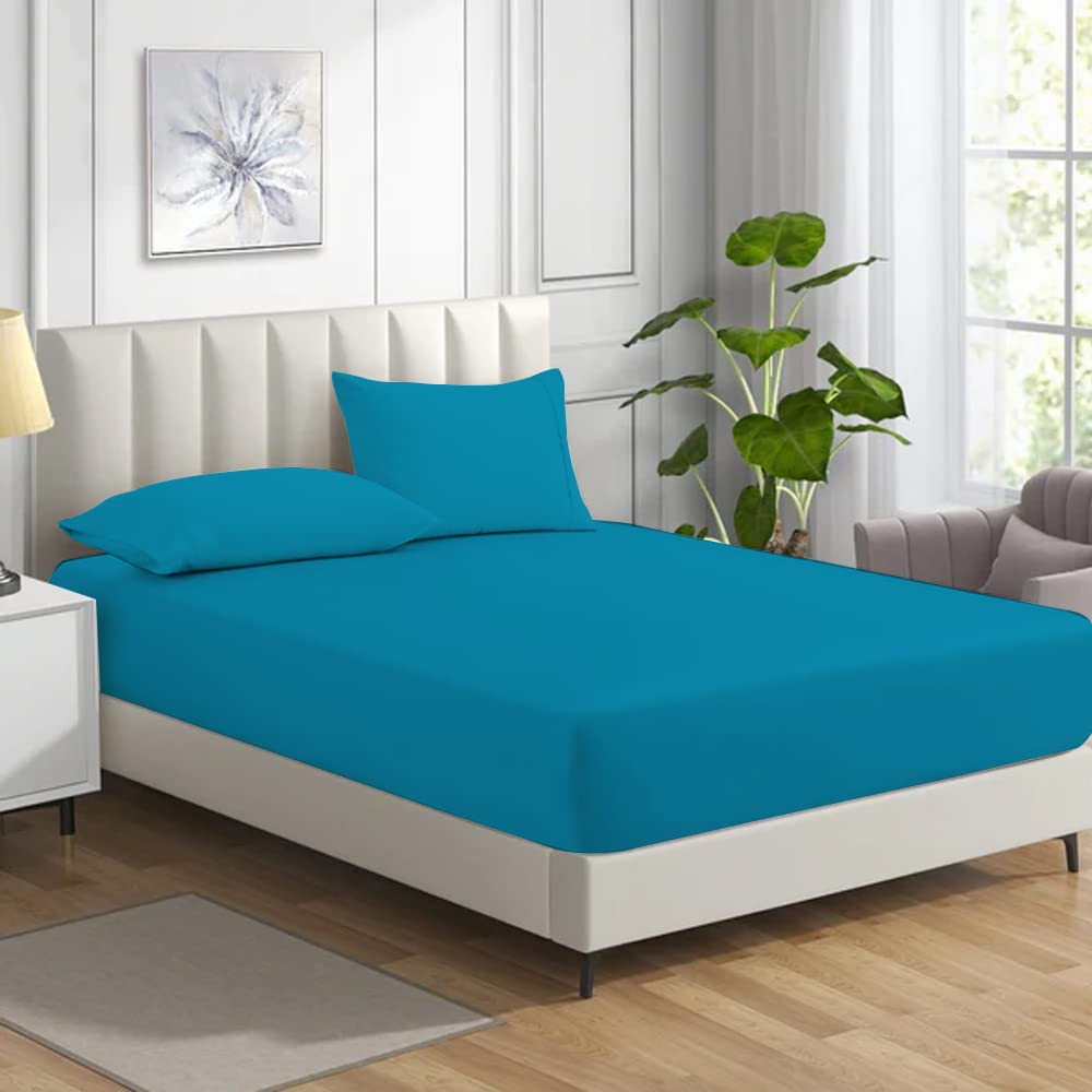 MistyMorning Fitted Sheet, Soft & Premium quality Bedding & Linen, 11''/28cm deep sheet, Egyptian Cotton with 200 Thread Count. (Teal, Double) — image 1