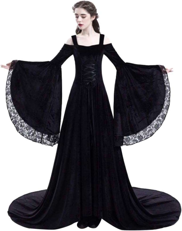 Women Medieval Dress, NDGDA Ladies Retro Velvet Renaissance Party Princess Celtic Floor Length Queen Gown Lace Floor Length Dress Gothic Cosplay Dress