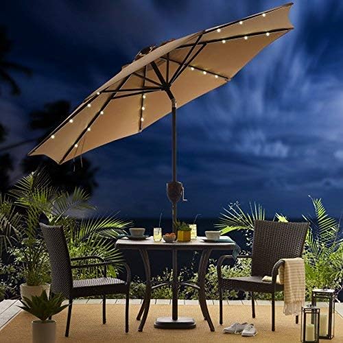Amazon Com Sun Ray 811040 9 Round Bluetooth Speaker 8 Rib Solar Umbrella 24 Led Lights Crank And Tilt Aluminum Frame Taupe Beige Garden Outdoor