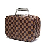 Travel Makeup Bag with Mirror Premium Vegan Designer Make Up Bag Organizer Train Case for Women PU Vegan Leather Cosmetic toiletry Travel bag (Brown)