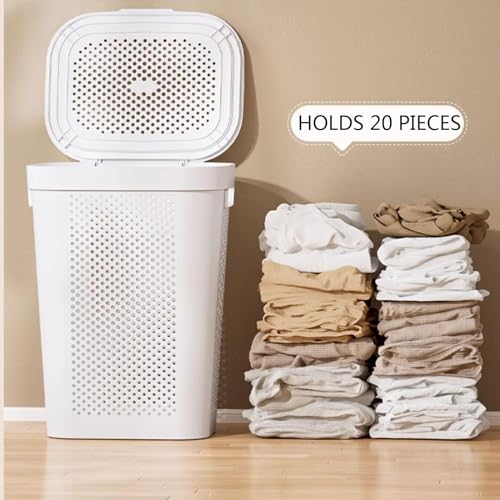 SLEEPHEAD®Laundry Basket with Wheels, Hand-Held Laundry Basket with Lid, Plastic Laundry Hamper Storage Bucket with Mini Basket, for Kitchen Bedroom Bathroom Closet(White) (white)