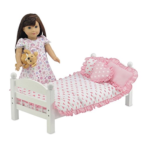 18 Inch Doll Accessories | Reversible Pink Heart Print Ruffled Bedding Set with Comforter, 3 Pillows and Sheet | Fits American Girl Dolls