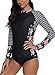 ALove Women Long Sleeve Rash Guard Swimsuit Striped Floral Swim Shirts Black Medium