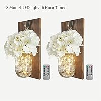 2 Pack Mason Jar Sconce Wall Decor With 8 Functions Remote, Hanging Decorative Jars with 6-Hour Timer 30 Led Fairy Lights, Rustic Wall Sconce With Dark Wood , White Silk Hydrangea for Home Farmhouse