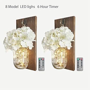 2 Pack Mason Jar Sconce Wall Decor With 8 Functions Remote, Hanging Decorative Jars with 6-Hour Timer 30 Led Fairy Lights, Rustic Wall Sconce With Dark Wood , White Silk Hydrangea for Home Farmhouse