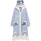 Women's Hoodie Plush Warm Long Pajama Women's Cute Pattern Pocket Pajama Kawaii Button Bathrobe