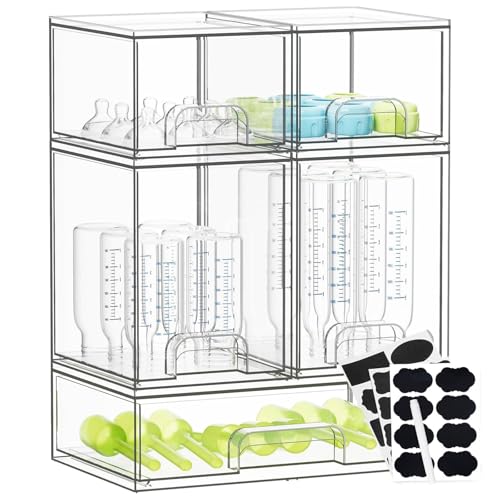 Bestbless Bottle Storage Organizer Baby - Acrylic Bottles Station Organizer Container, Stackable Clear Drawers for Countertop, Vanity, Bathroom, Cabinet, Pantry Organization, 5 Pack, 2S2M1L, 15.4" H